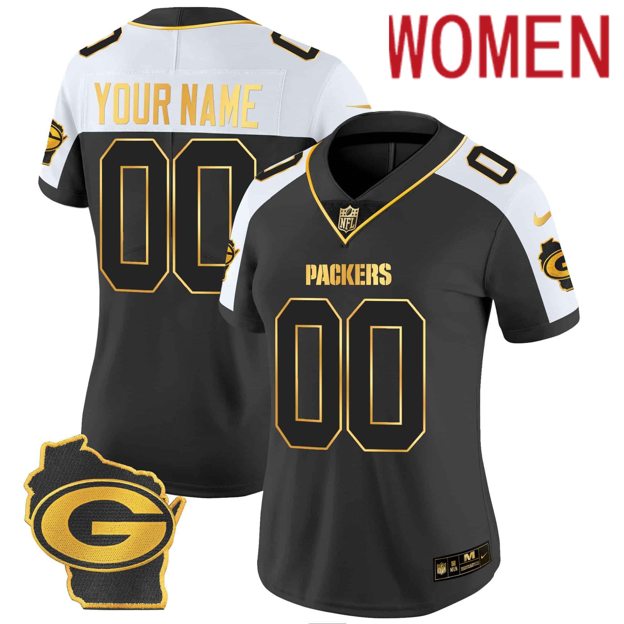 Women Green Bay Packers Black Gold 2024 Nike Home Patch Vapor Custom NFL Jersey